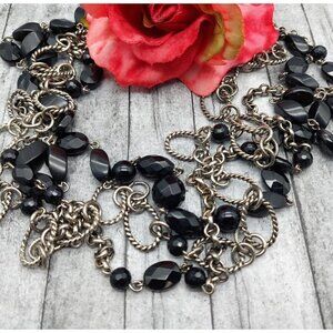 Silver Tone & Black Bead Twisted Multi Chain Statement Necklace Layer Adjustable